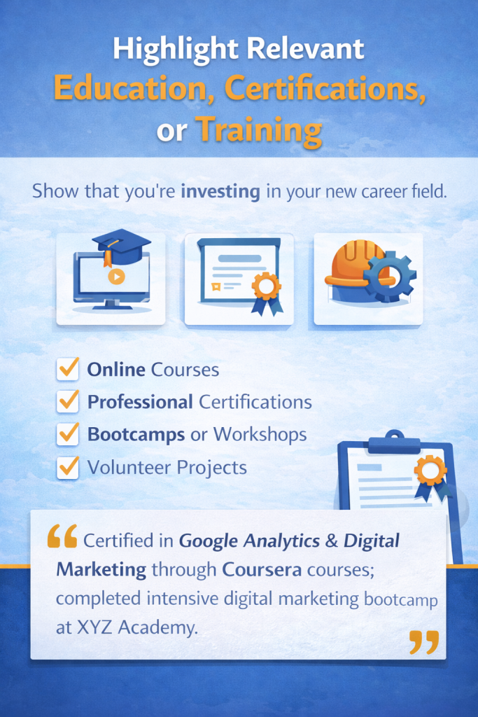 highlight relevant education, certifications, or training