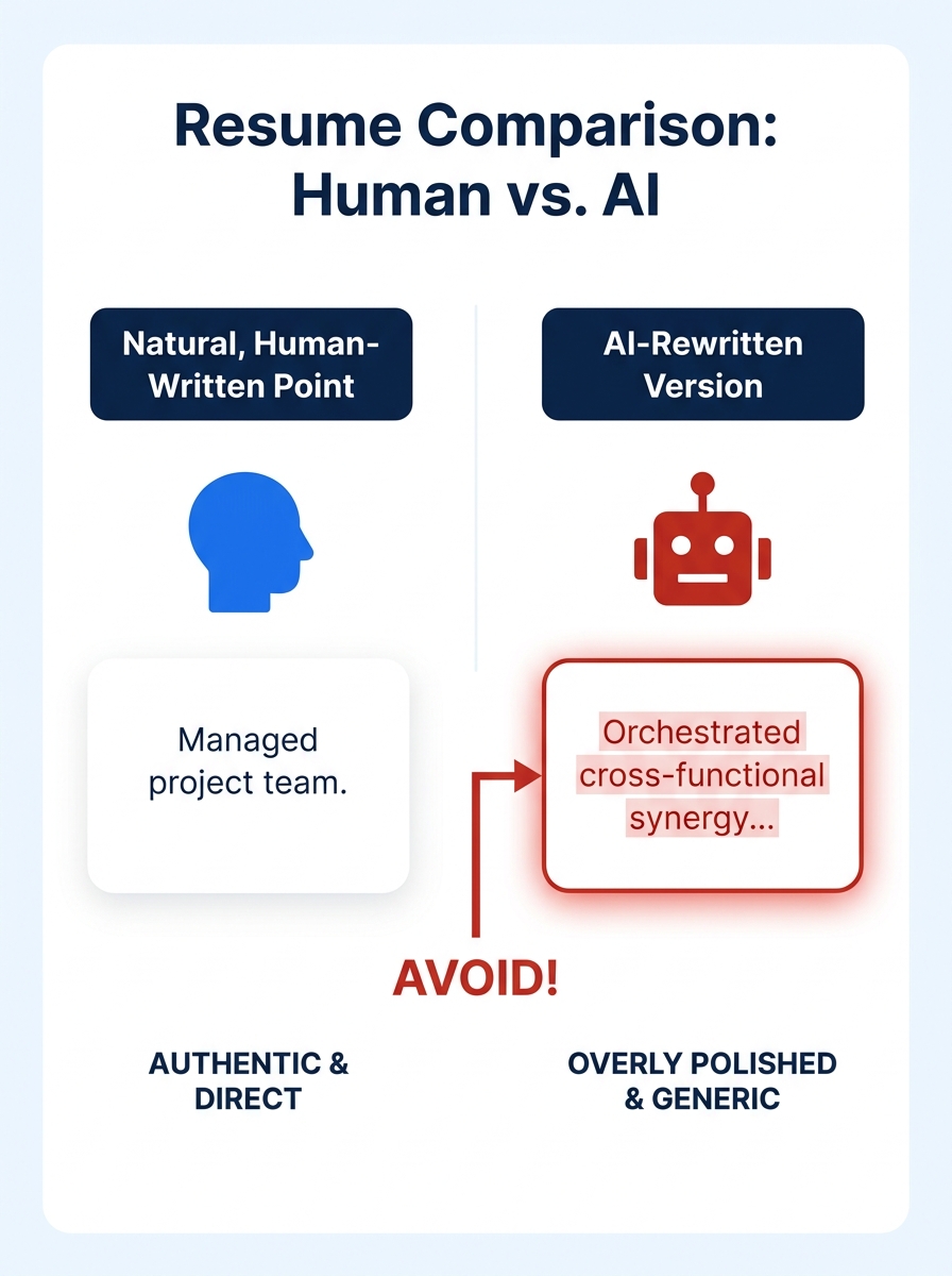 A side-by-side comparison showing a natural, human-written resume bullet point on the left and an AI-rewritten version on the right, with the AI version highlighted in red to show overly polished, gen