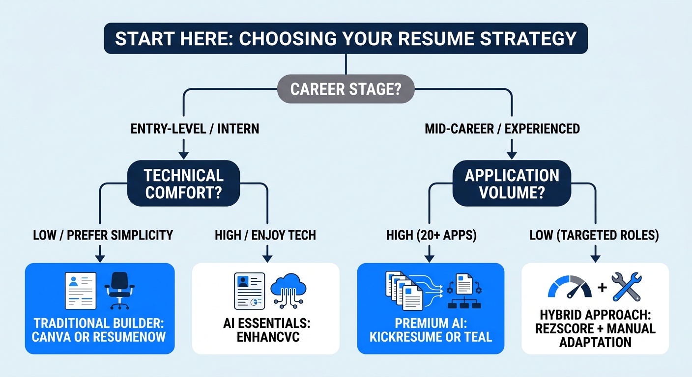 A decision flowchart helping job seekers choose between AI resume builders and traditional tools, with decision nodes for budget, application volume, technical comfort level, and career stage, leading