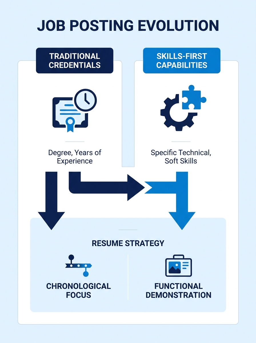 Infographic comparing a traditional job posting with credential-based requirements on the left versus a skills-first job posting with specific capability descriptions on the right, showing how each ty