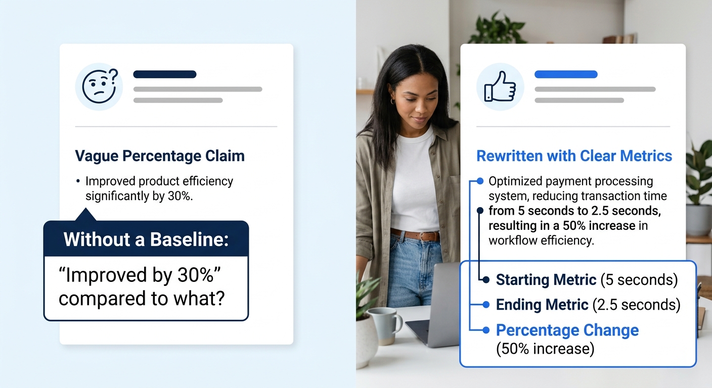 A side-by-side comparison of two resume bullet points — the left showing a vague percentage claim without a baseline, the right showing the same achievement rewritten with a clear starting metric, end