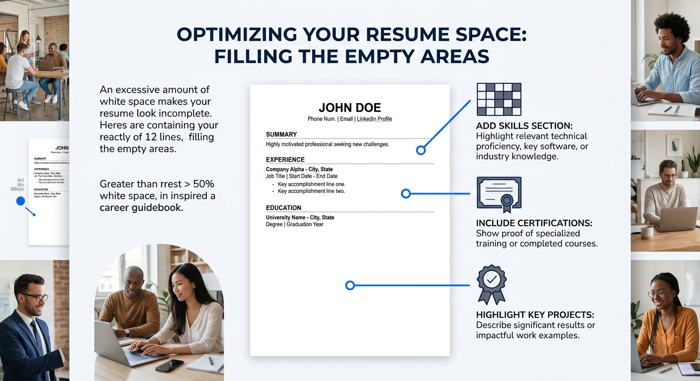 A resume with too much white space showing only 12 lines of text on a full page, with annotations pointing to the excessive empty areas and suggesting content that could fill them appropriately, such