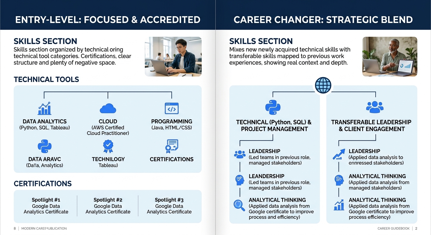 Two sample resume skills sections side by side — an entry-level version organized by technical tool categories with certifications highlighted, and a career-changer version blending new technical skil