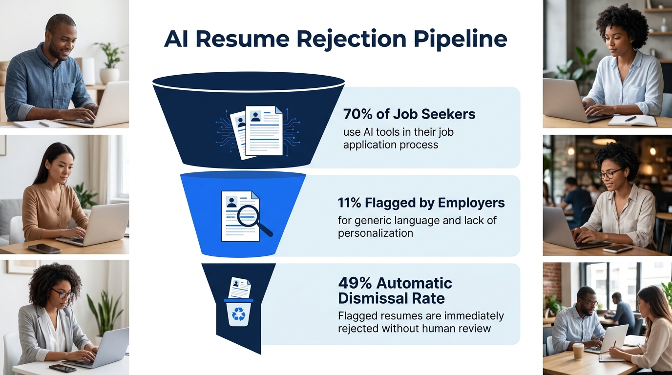 An infographic showing the AI resume rejection pipeline - starting with 70% of job seekers using AI tools, narrowing to the percentage flagged by employers for generic language, and ending with the 49
