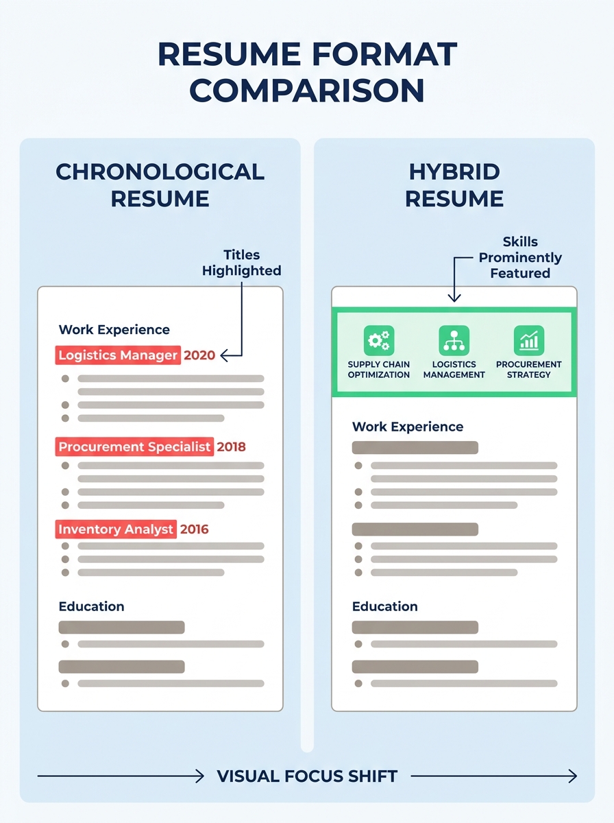 A side-by-side comparison showing a traditional chronological resume on the left with supply chain job titles highlighted in red, and a hybrid combination resume on the right with a prominent skills s
