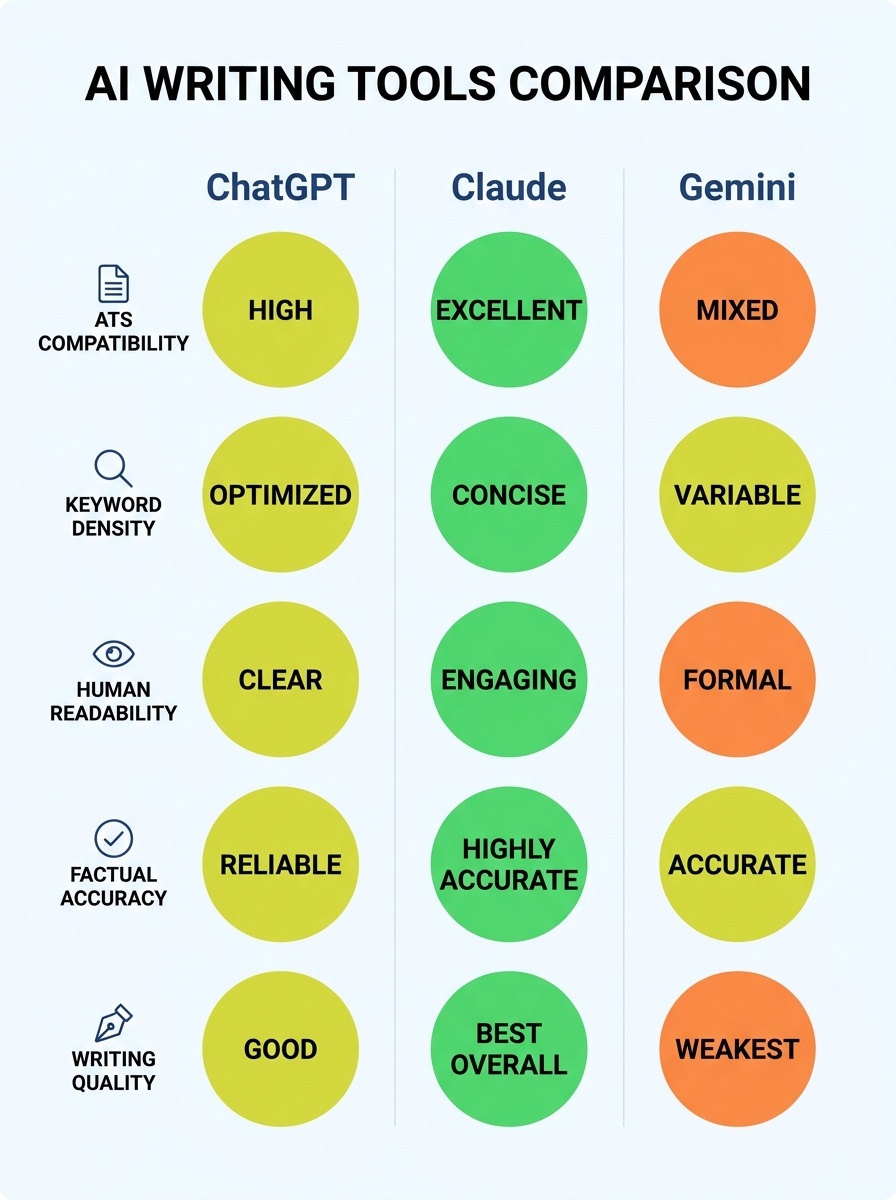 Side-by-side comparison infographic with three columns labeled ChatGPT, Claude, and Gemini, showing color-coded ratings across five rows: ATS compatibility, keyword density, human readability, factual