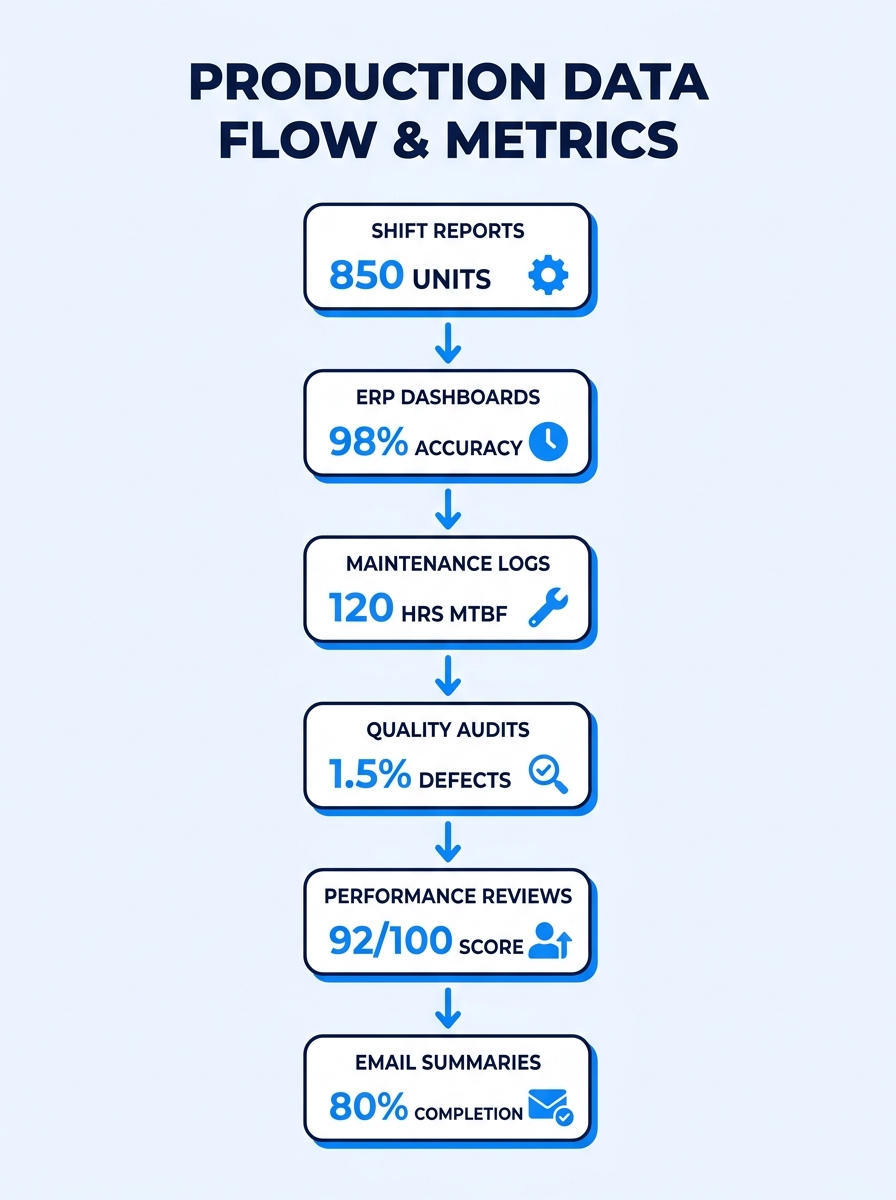 An infographic showing six common production data sources arranged in a flow — shift reports, ERP dashboards, maintenance logs, quality audits, performance reviews, and email summaries — each with an