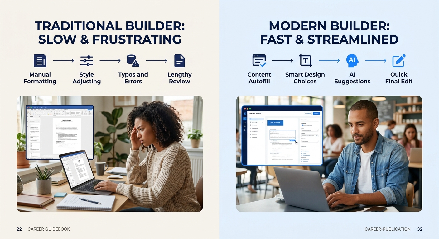 Side-by-side screenshots of resume creation workflow showing speed comparison between traditional and modern builders