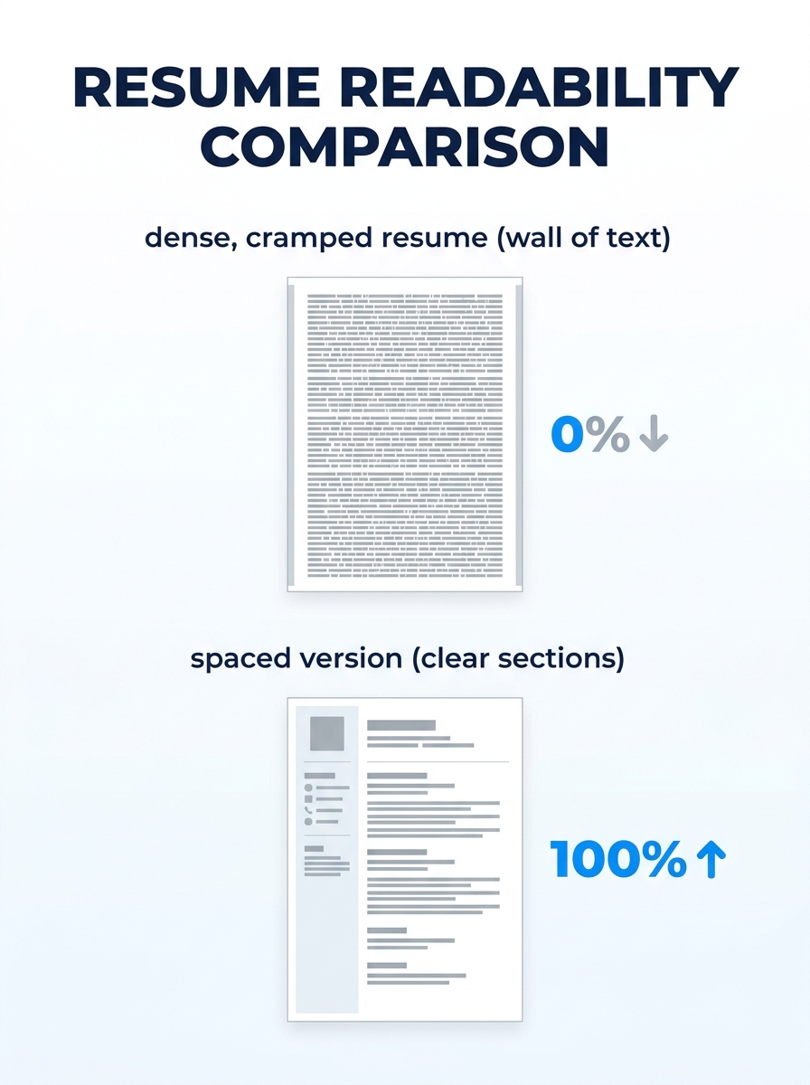 Side-by-side comparison of a dense, cramped resume with tiny margins and small font next to the same resume with proper spacing, showing how the dense version creates a wall of gray text while the spa
