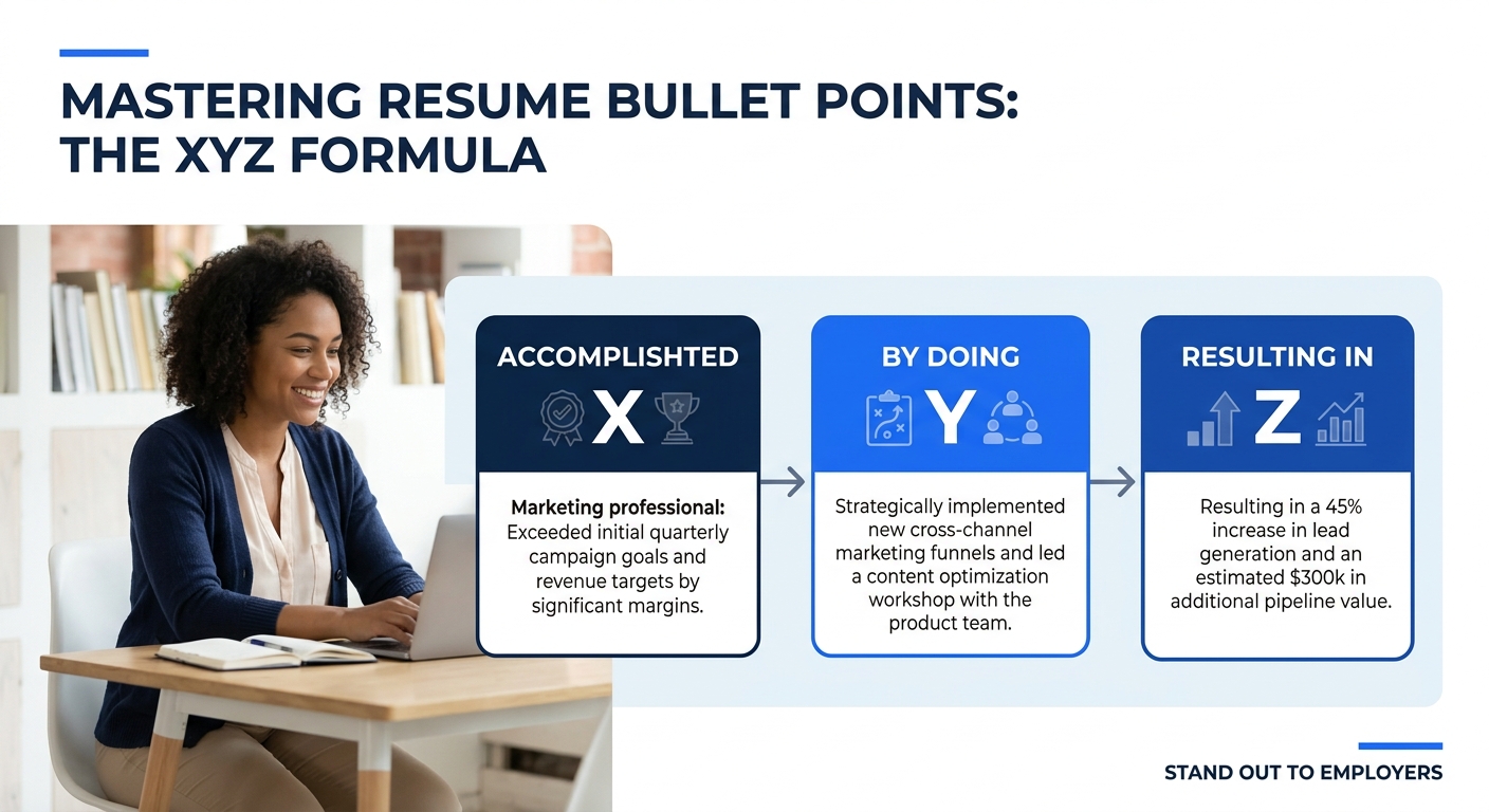 An infographic showing the XYZ formula for resume bullet points with three connected boxes labeled Accomplished X, By Doing Y, Resulting in Z, with example text in each box and arrows showing the flow