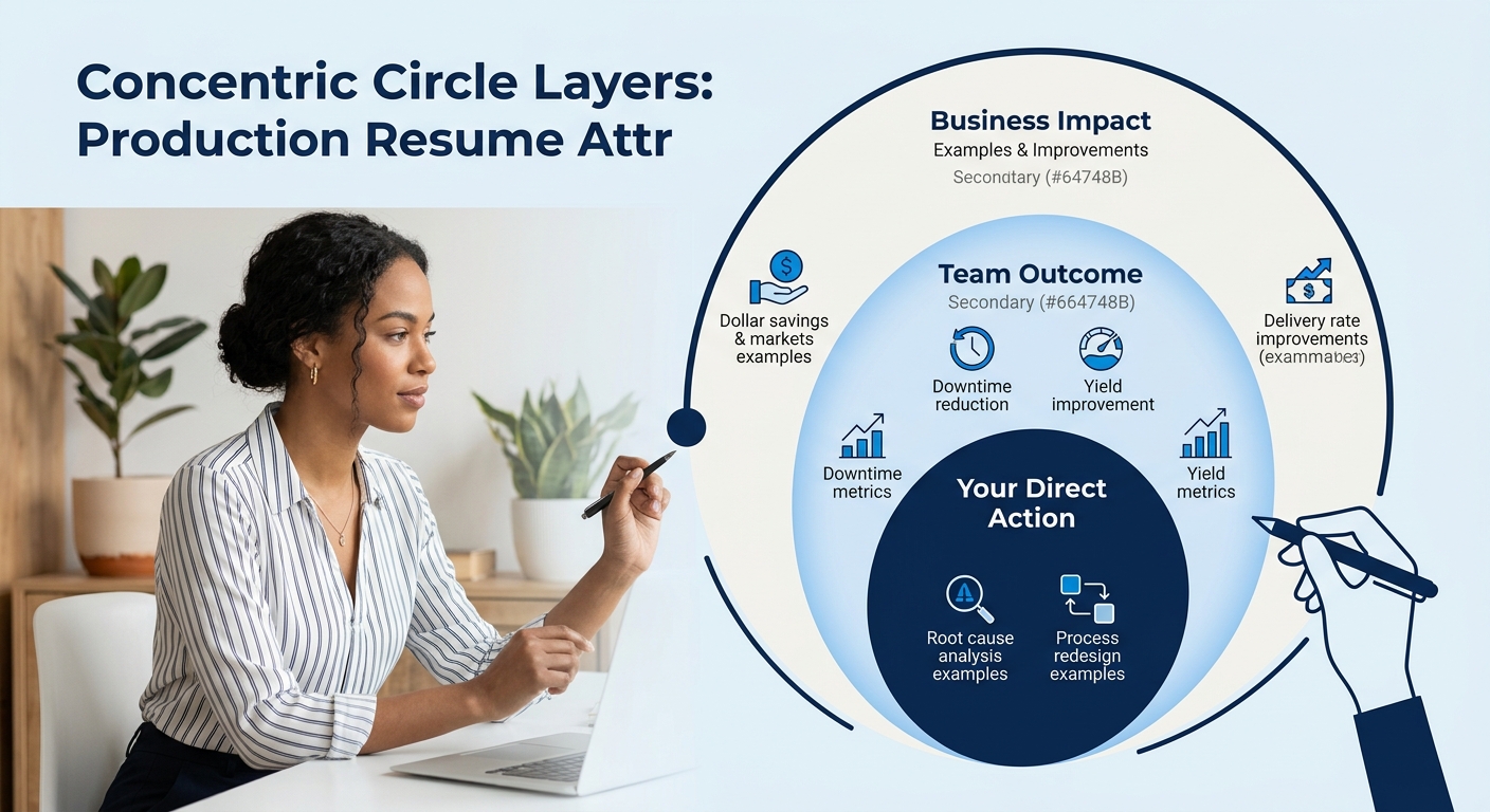 A concentric circle diagram showing three layers of production resume attribution — innermost circle labeled 'Your Direct Action' with examples like root cause analysis and process redesign, middle ci