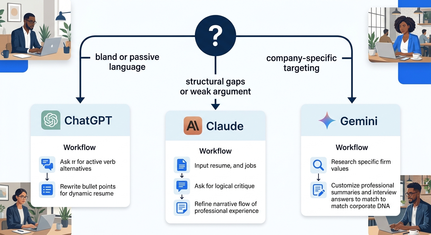 Flowchart decision tree with three branches, starting from a central question mark: left branch labeled "bland or passive language" leads to ChatGPT icon, center branch labeled "structural gaps or wea