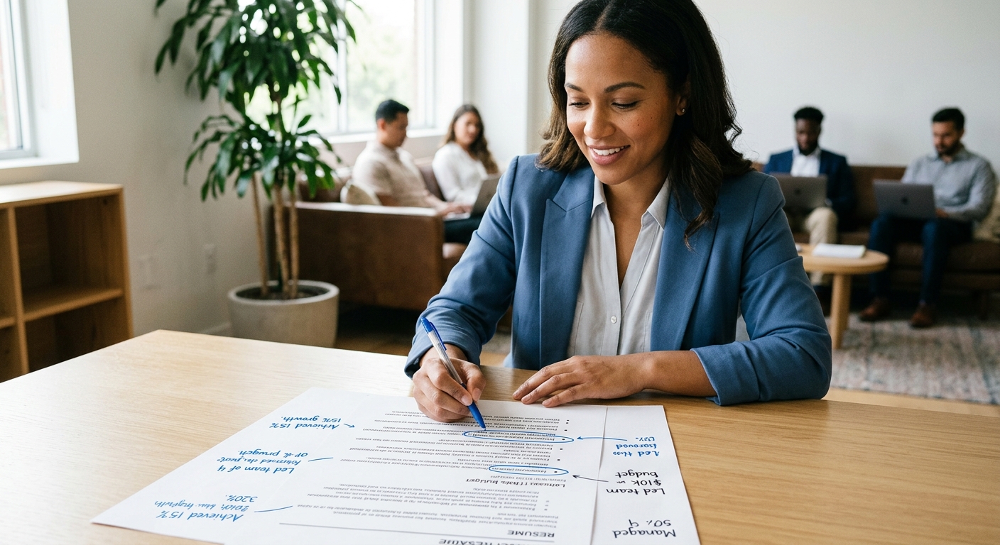A person reviewing printed resume pages at a desk with a pen, marking up bullet points and adding handwritten notes with metrics and numbers in the margins