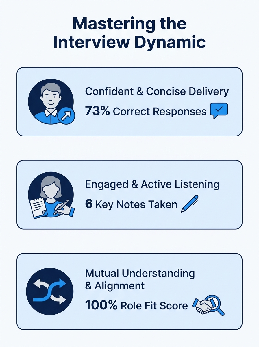 Job candidate speaking confidently during interview while interviewer takes notes