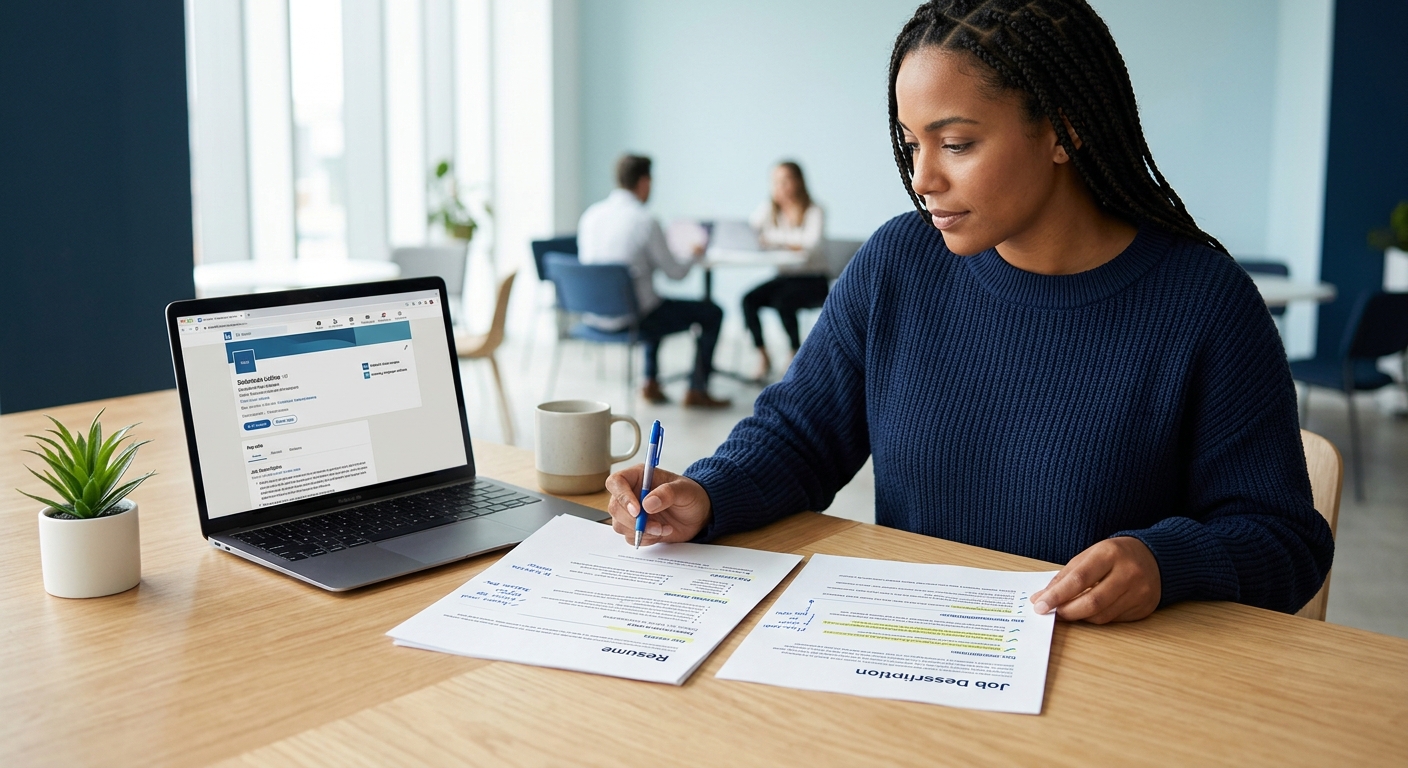 A person sitting at a desk with a laptop open, reviewing a printed resume alongside a job description, with highlighted keywords and notes visible on both documents.