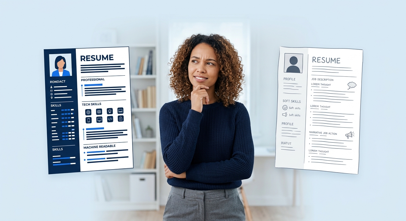 A conceptual illustration showing a person standing between two versions of themselves - one represented by a sleek, corporate AI-generated resume floating on the left, and a more natural, handwritten