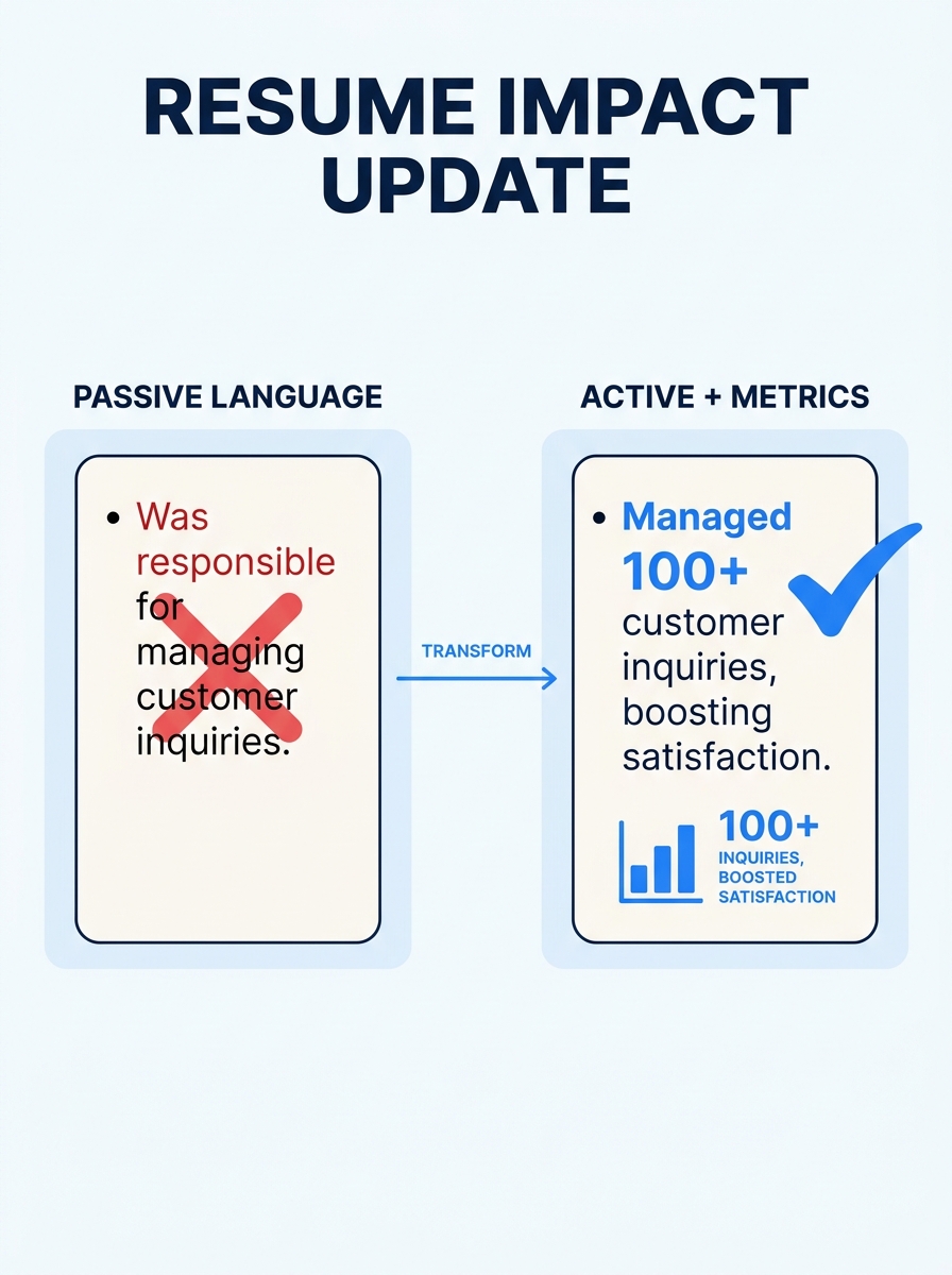 A side-by-side comparison showing a resume bullet point with passive language on the left crossed out in red, and the same bullet rewritten with an active verb and metrics on the right highlighted in