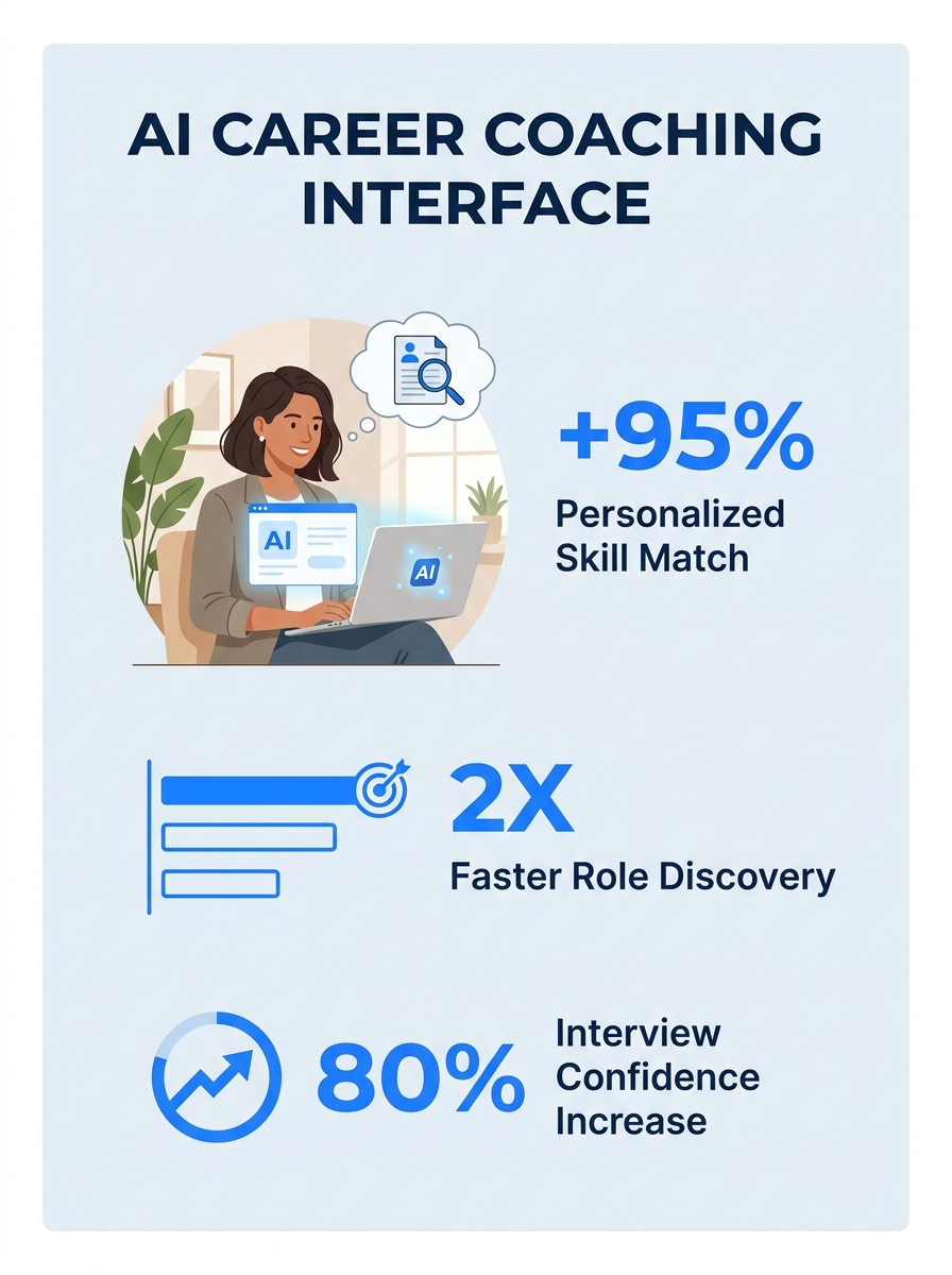 Professional using AI coaching interface on laptop with career development dashboard