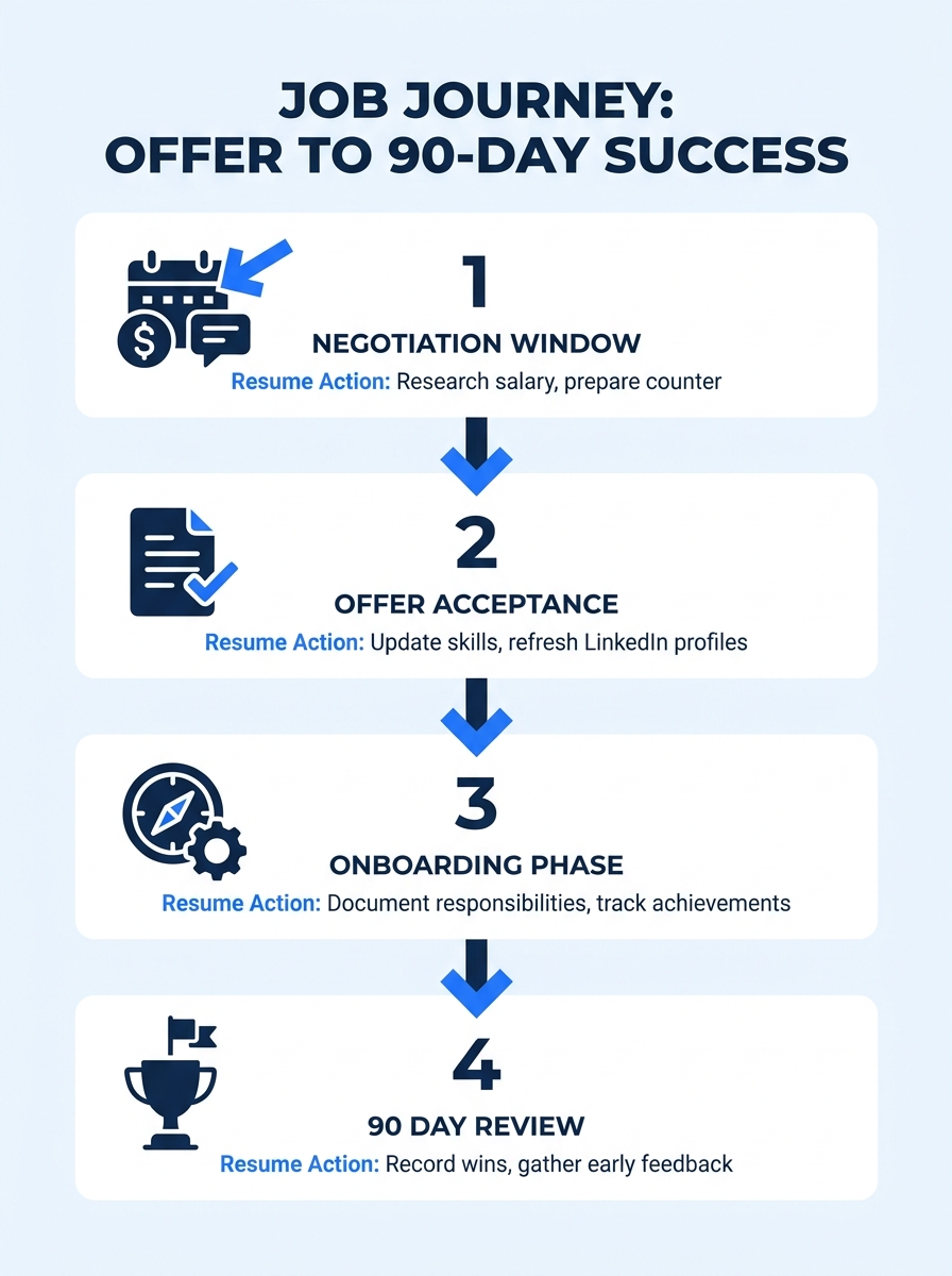 An infographic showing a timeline from job offer received to 90 days employed, with key milestones marked: negotiation window, acceptance, onboarding, first performance conversation. Each milestone sh