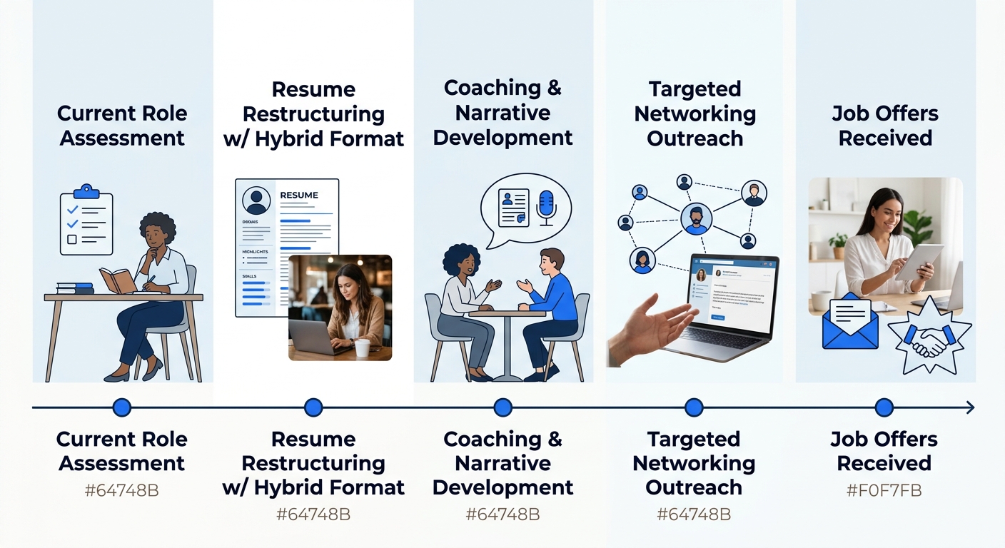 A timeline illustration showing five phases of a career pivot journey from left to right — current role assessment, resume restructuring with hybrid format, coaching and narrative development, targete