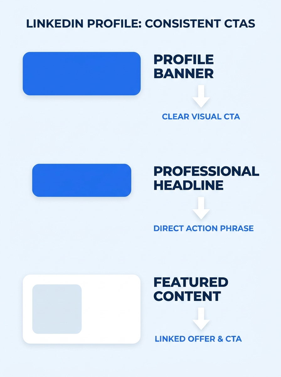 LinkedIn profile sections showing consistent call-to-action placement across headline, banner, and featured content