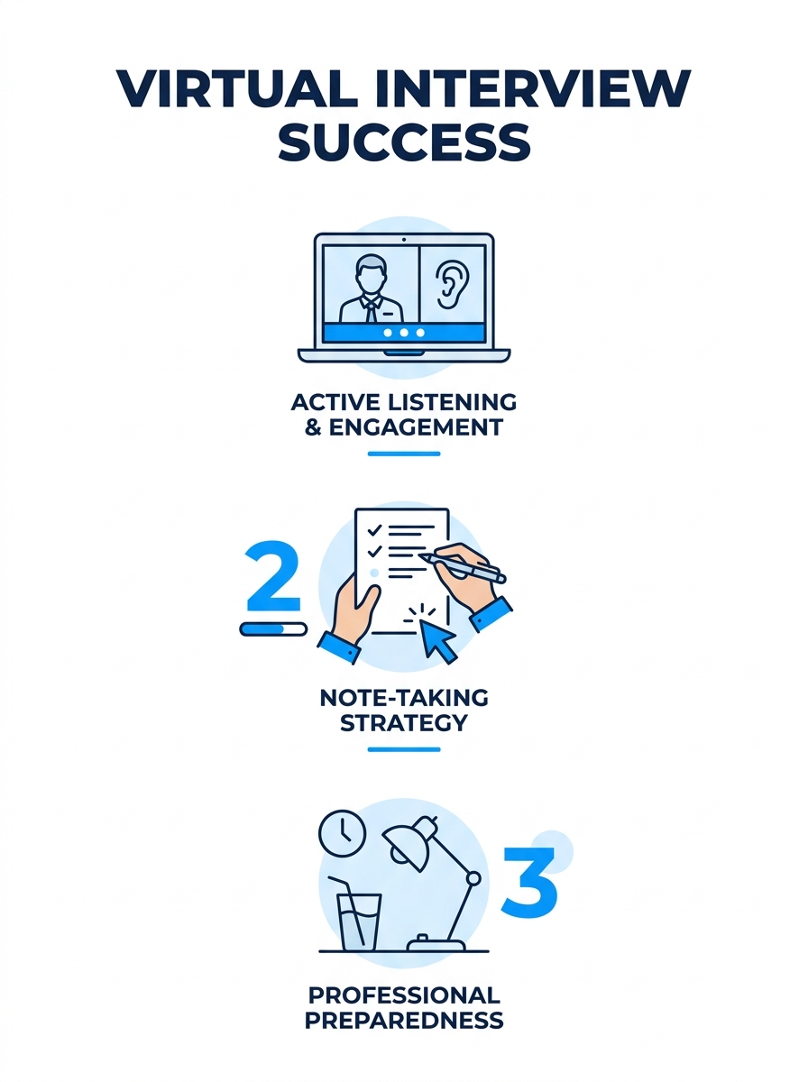 Professional candidate taking notes during virtual interview with water glass nearby