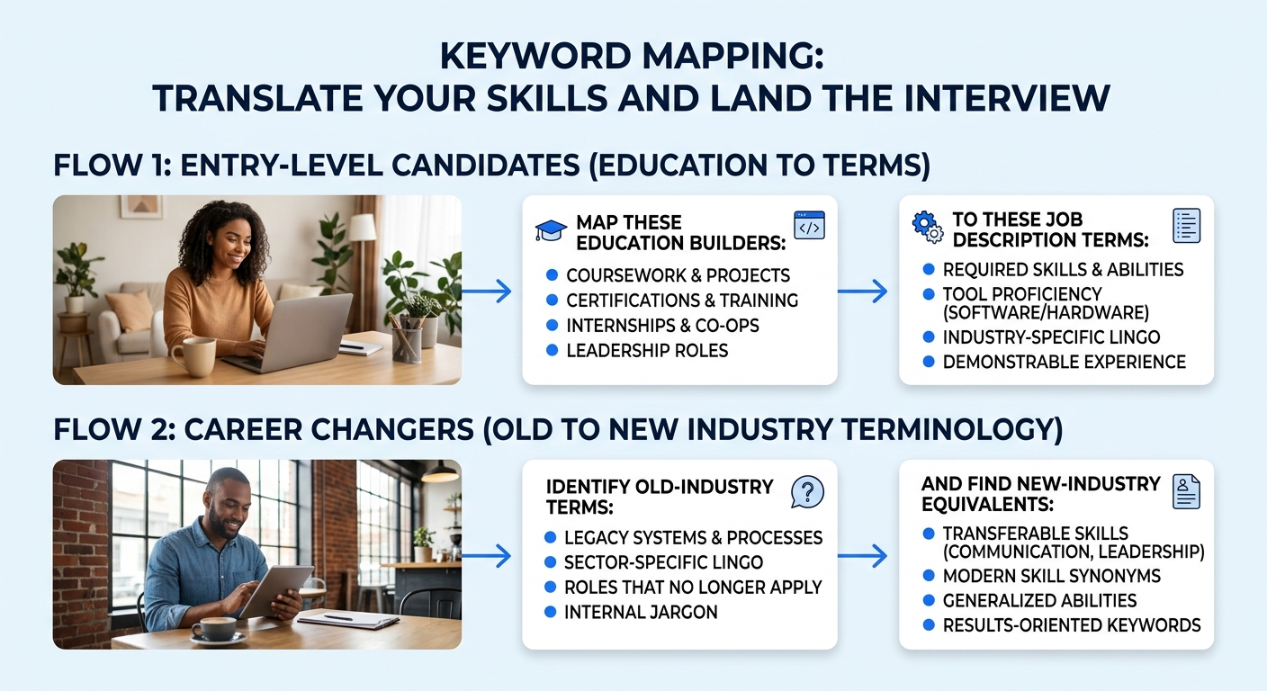 Diagram showing two keyword mapping flows — one for entry-level candidates mapping skills from education and certifications to job description terms, and one for career changers mapping equivalent ski