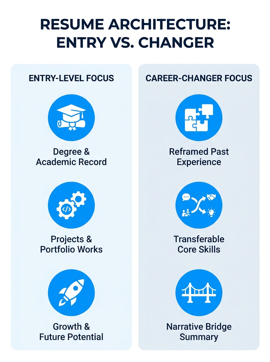 Side-by-side comparison infographic showing two resume architectures — entry-level on the left emphasizing education, projects, and potential, and career-changer on the right emphasizing reframed expe