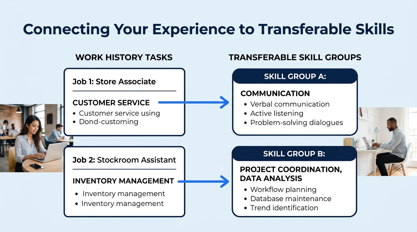 A worksheet-style illustration showing a person's work history on the left being broken into skill categories on the right, with arrows connecting specific tasks like customer service and inventory ma