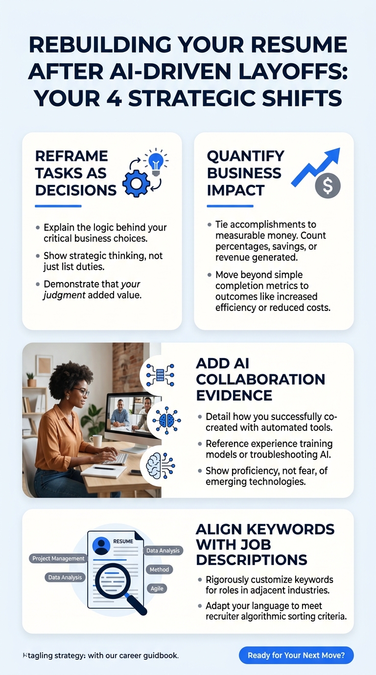 A checklist-style infographic showing five resume rebuilding strategies after AI-driven layoffs: reframe tasks as decisions, quantify business impact, add AI collaboration evidence, target adjacent in