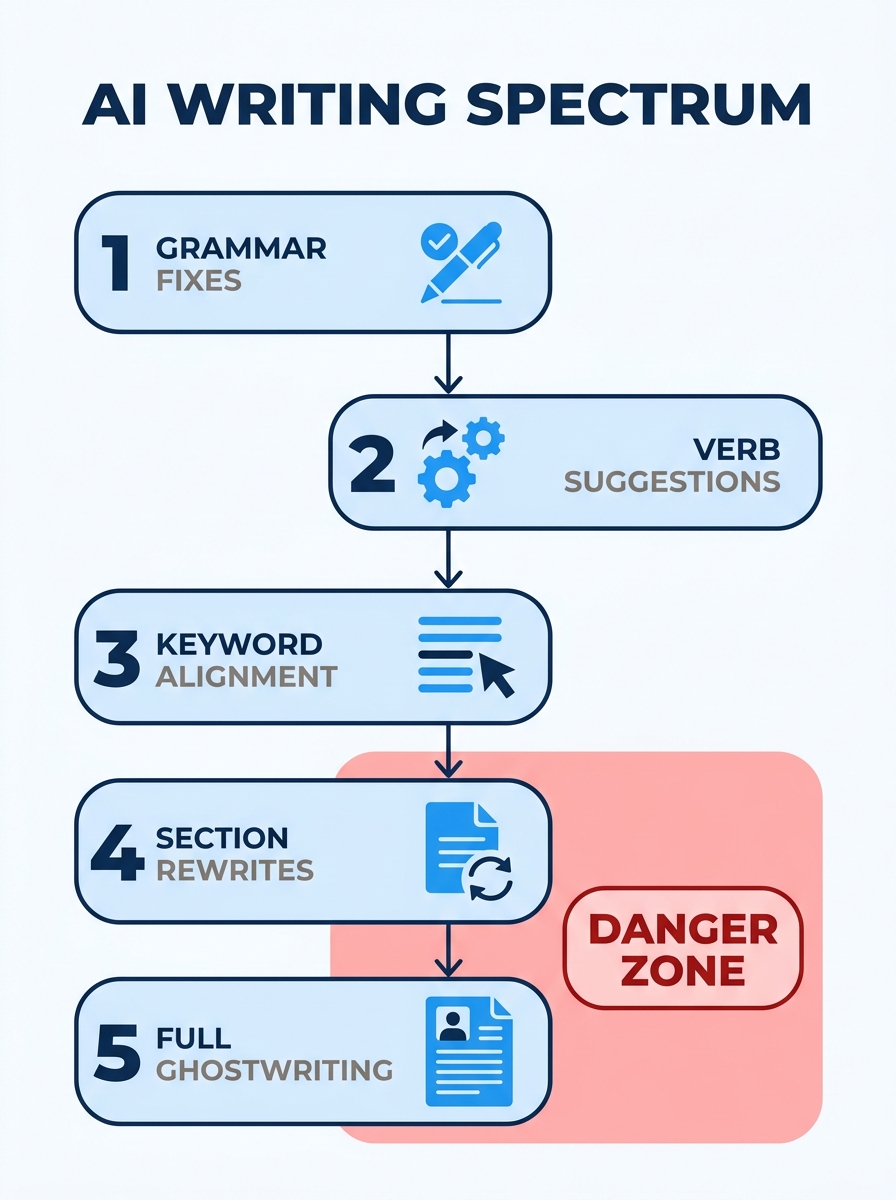 infographic showing a spectrum from "AI as helpful editor" on the left side to "AI as full ghostwriter" on the right side, with specific examples at five points along the spectrum — grammar fixes, ver