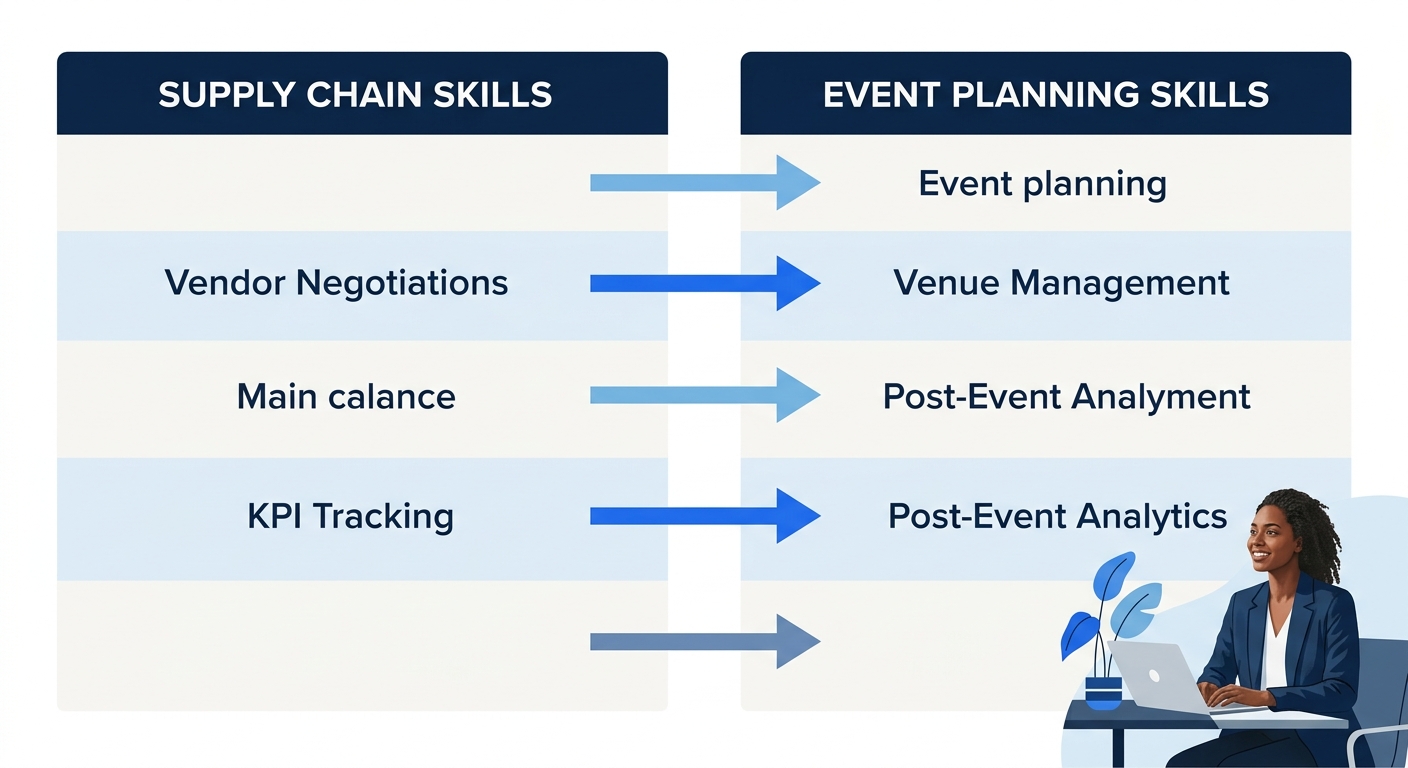 An infographic showing a skill-mapping diagram with two columns, left column labeled Supply Chain Skills and right column labeled Event Planning Skills, with color-coded arrows connecting equivalent t