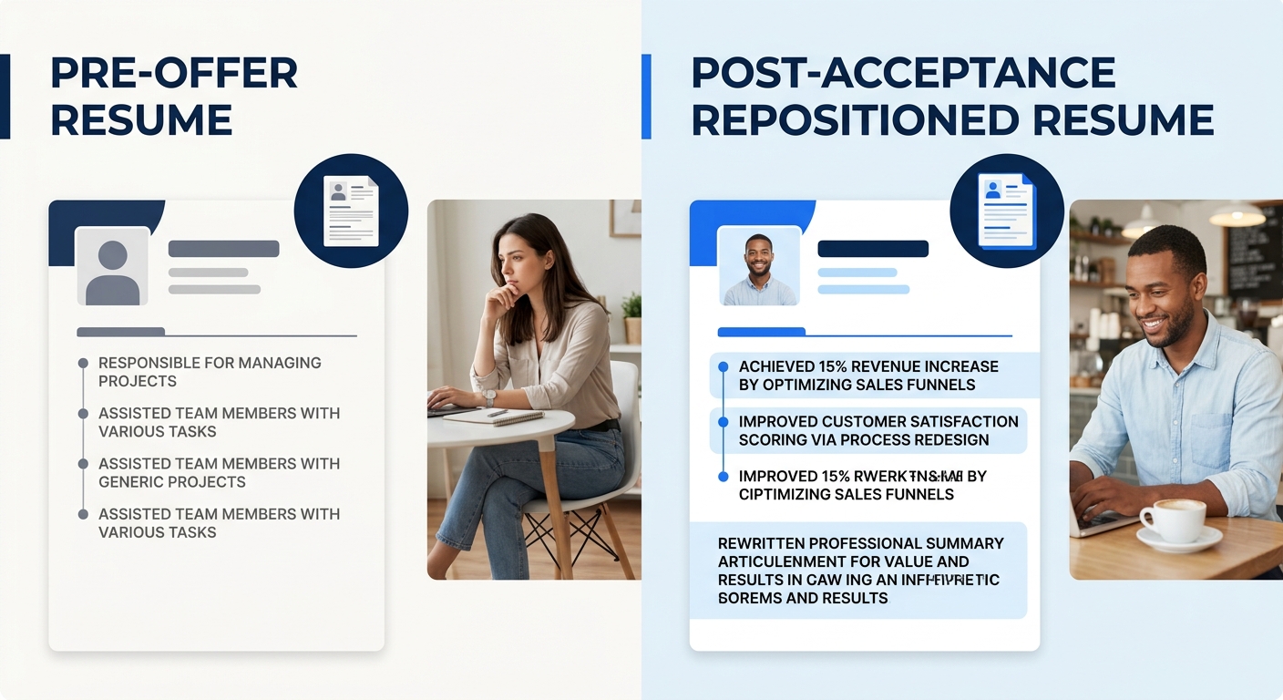 A split-screen comparison showing a "pre-offer resume" on the left with generic bullet points and an "post-acceptance repositioned resume" on the right with role-aligned accomplishments and a rewritte
