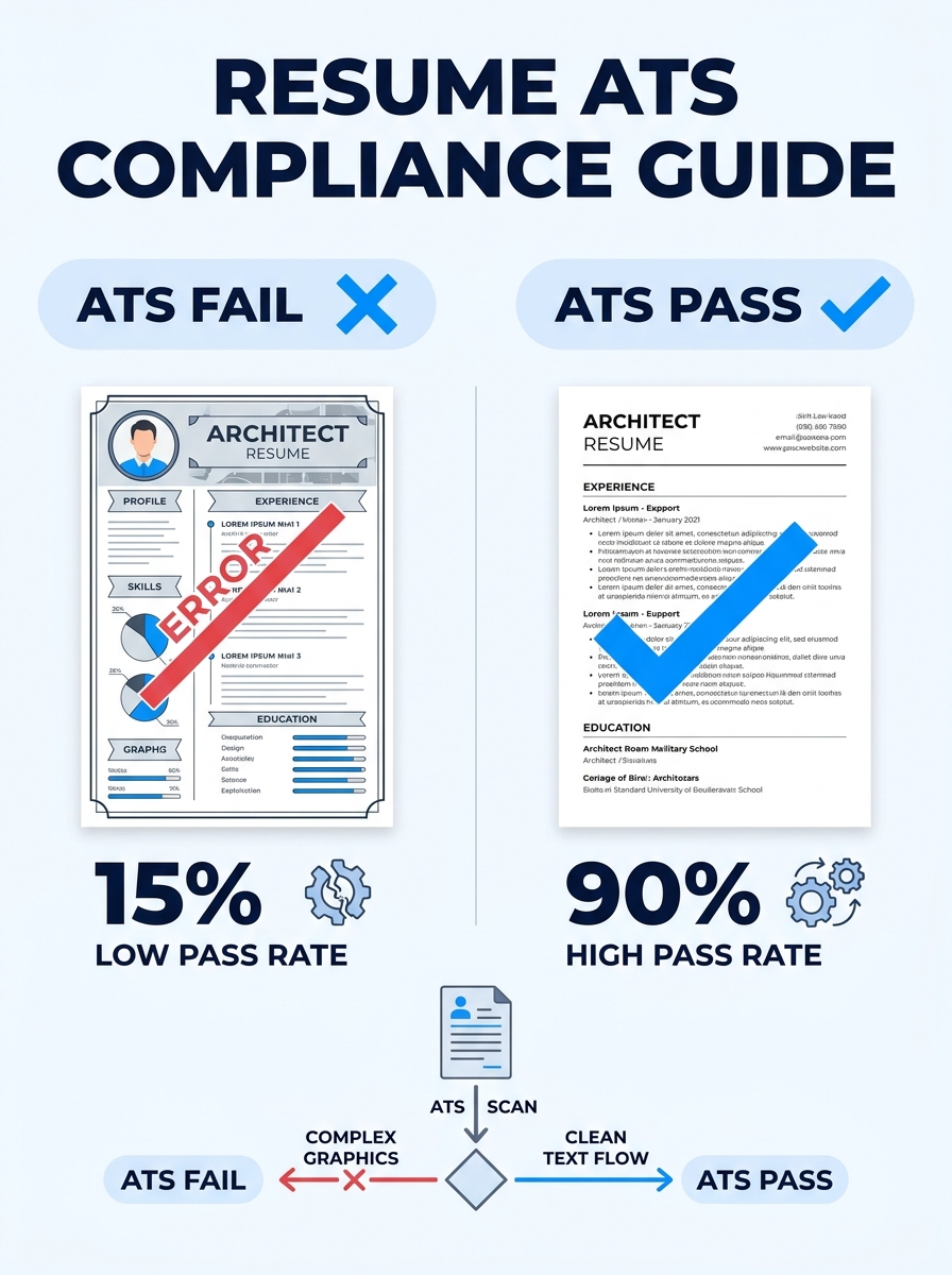 A side-by-side comparison showing a visually designed architect resume with two columns, graphics, and decorative elements on the left labeled "ATS Fail," versus a clean single-column resume with stan