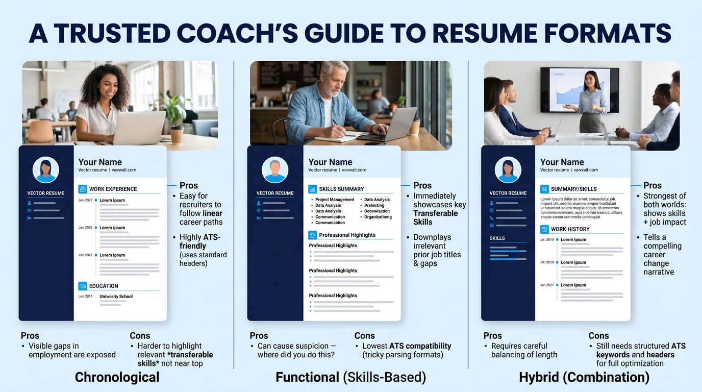 A side-by-side comparison of three resume layout formats—chronological on the left, functional/skills-based in the center, and hybrid on the right—with annotations highlighting the pros and cons of ea