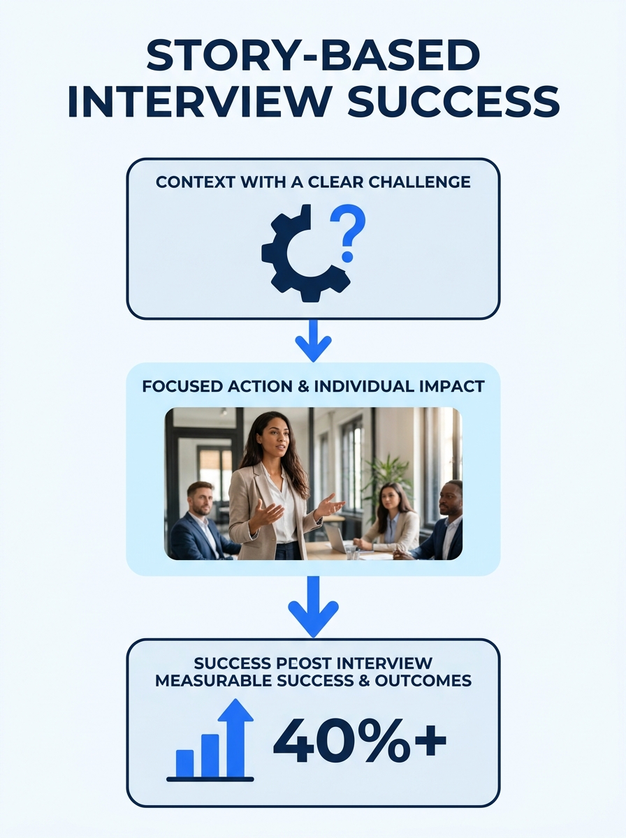 Professional presenting story-based response during job interview panel meeting
