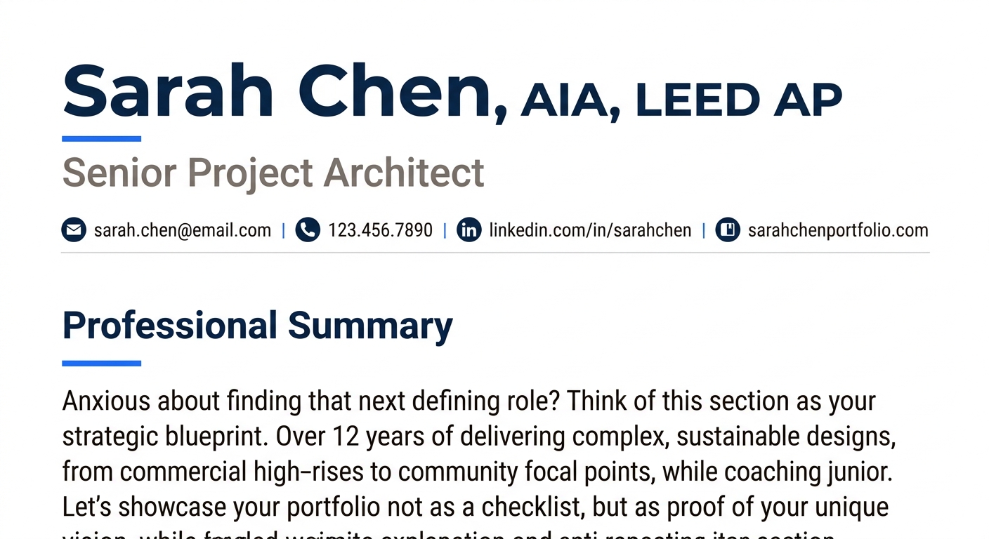 A clean architect resume header section showing name with "AIA, LEED AP" credentials, a professional title line reading "Senior Project Architect," contact information row with email, phone, LinkedIn