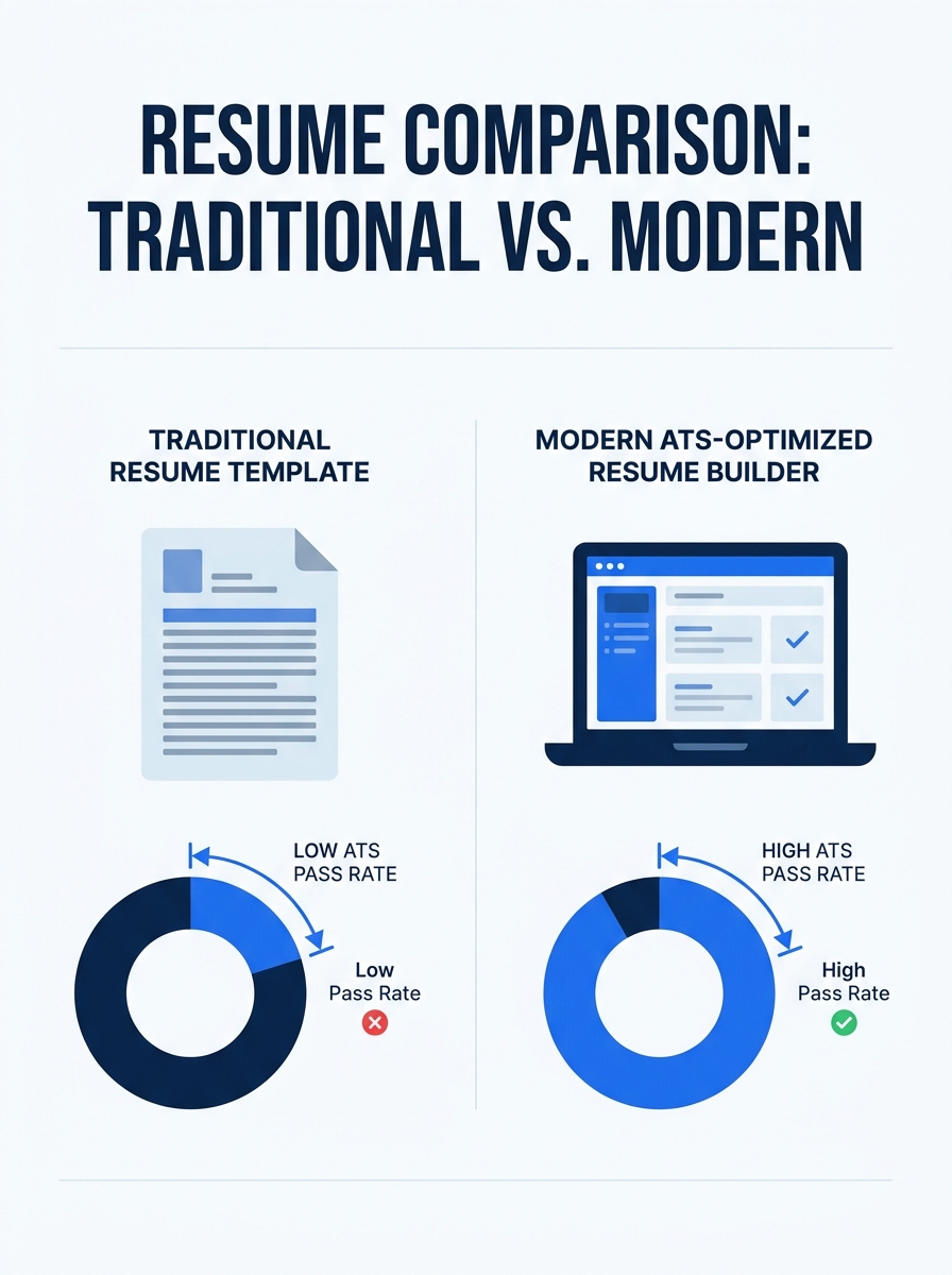 Split-screen comparison showing traditional resume template versus modern ATS-optimized resume builder interface