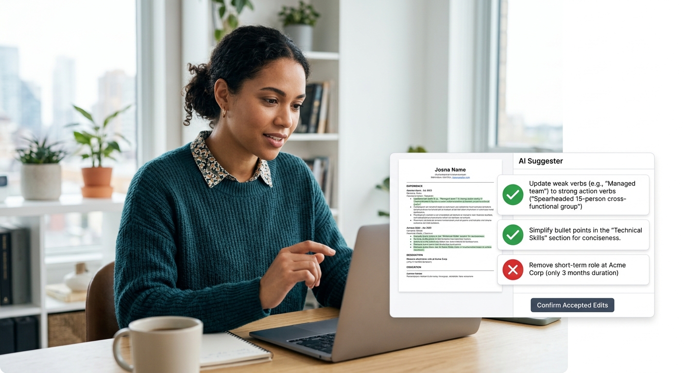 illustration of a person at a desk reviewing AI-suggested resume edits on a laptop screen, with some suggestions shown accepted with green checkmarks and others rejected with red X marks, conveying th
