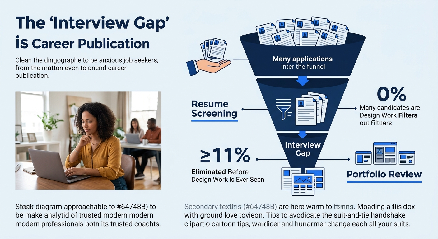 A diagram showing the "interview gap"—a funnel where applications enter at top, resume screening filters the middle, and at the bottom only a small percentage reach portfolio review, with most candida