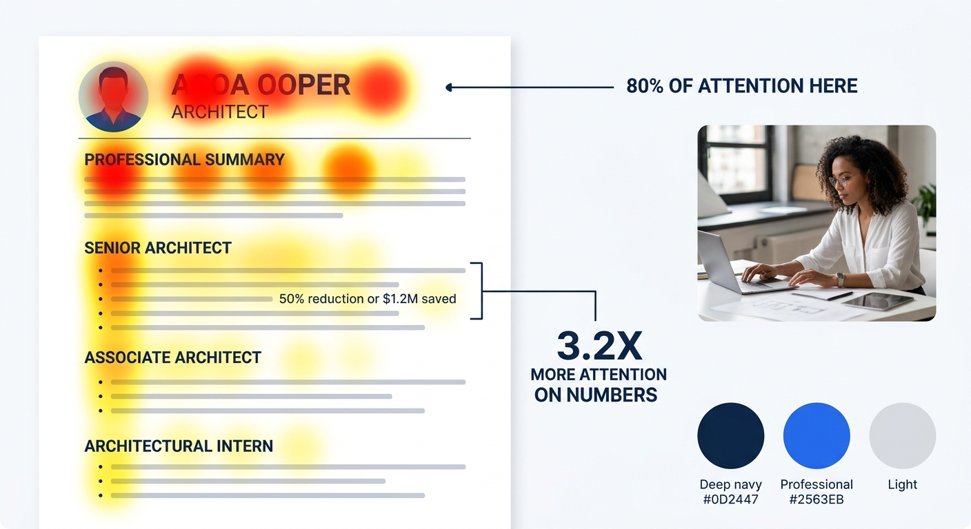 Infographic showing the F-pattern eye scan overlaid on an architect resume, with heat zones in red over the name and title, orange over the summary section, yellow fading down the left margin past job