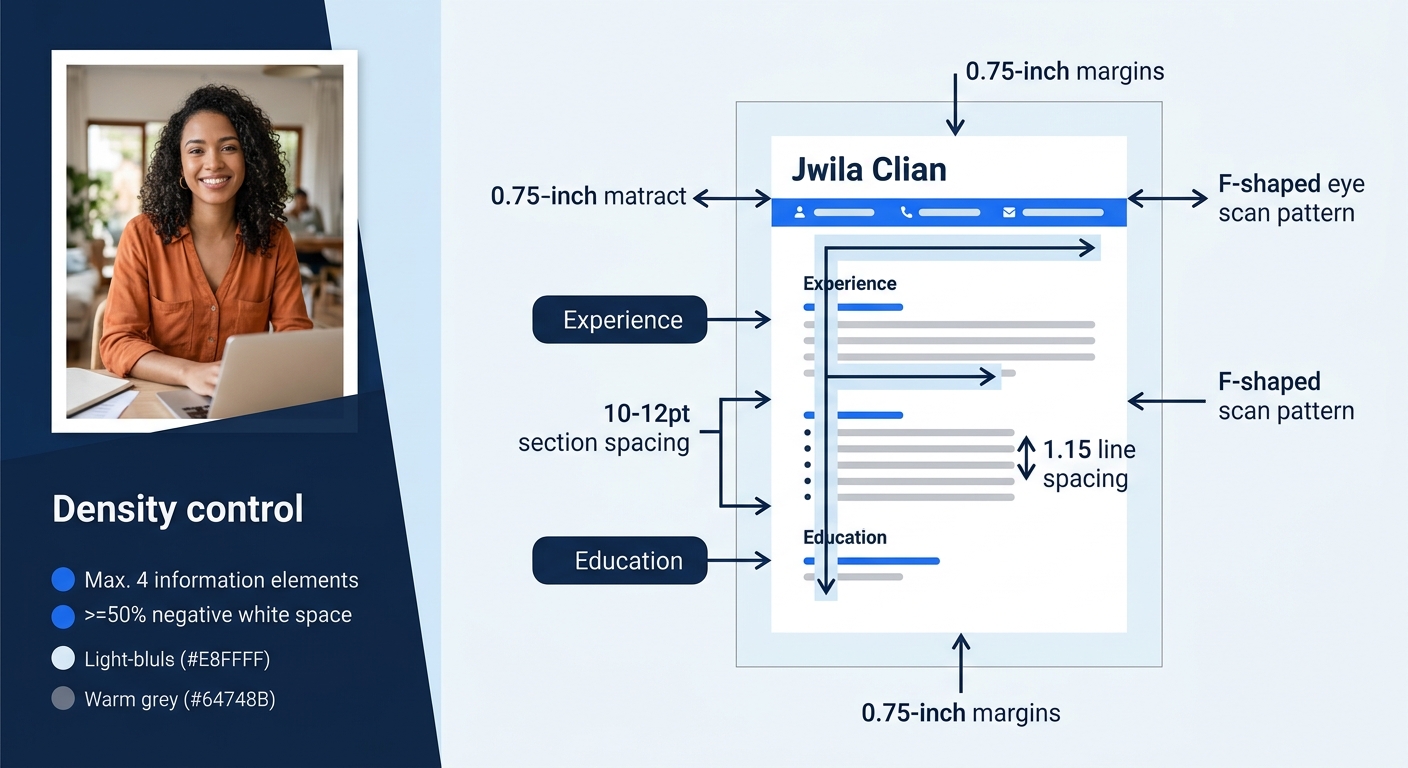 Infographic showing a resume template with labeled spacing measurements - 0.75-inch margins marked on all sides, 1.15 line spacing shown between bullet points, 10-12pt section spacing illustrated with