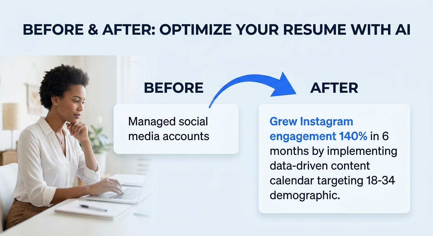 Side-by-side comparison showing a resume bullet point before AI optimization reading "Managed social media accounts" and after reading "Grew Instagram engagement 140% in 6 months by implementing data-