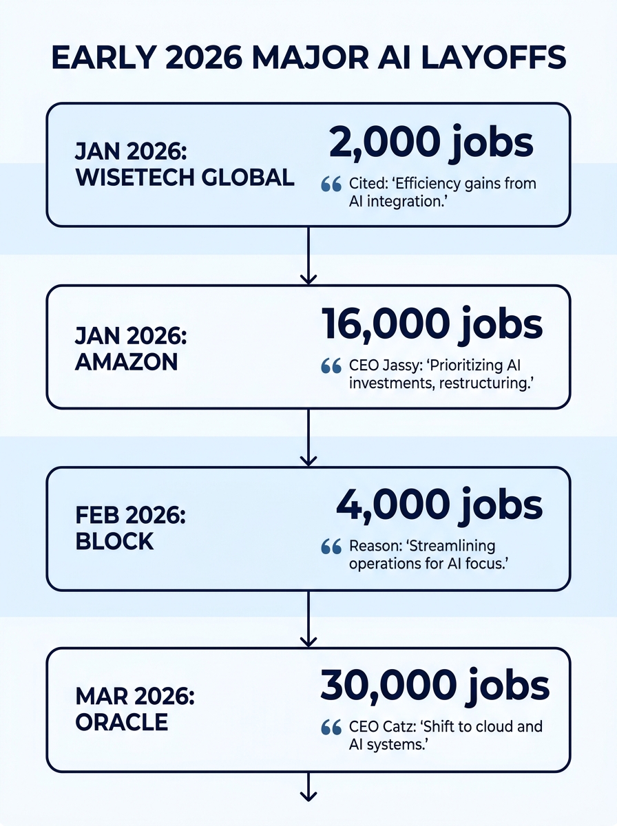 A timeline infographic showing major AI-driven tech layoffs in early 2026, including Wisetech (2,000 jobs), Amazon (16,000 jobs), Block (4,000 jobs), and Oracle (30,000 jobs), with brief CEO quotes or