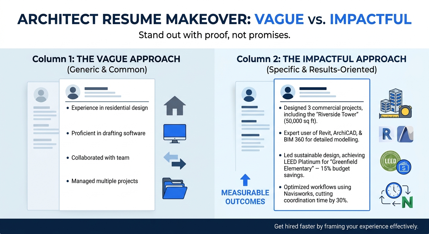 An infographic comparing two architect resumes side by side—left shows a vague resume with generic bullet points, right shows a specific resume with project names, budgets, BIM tools listed, and measu