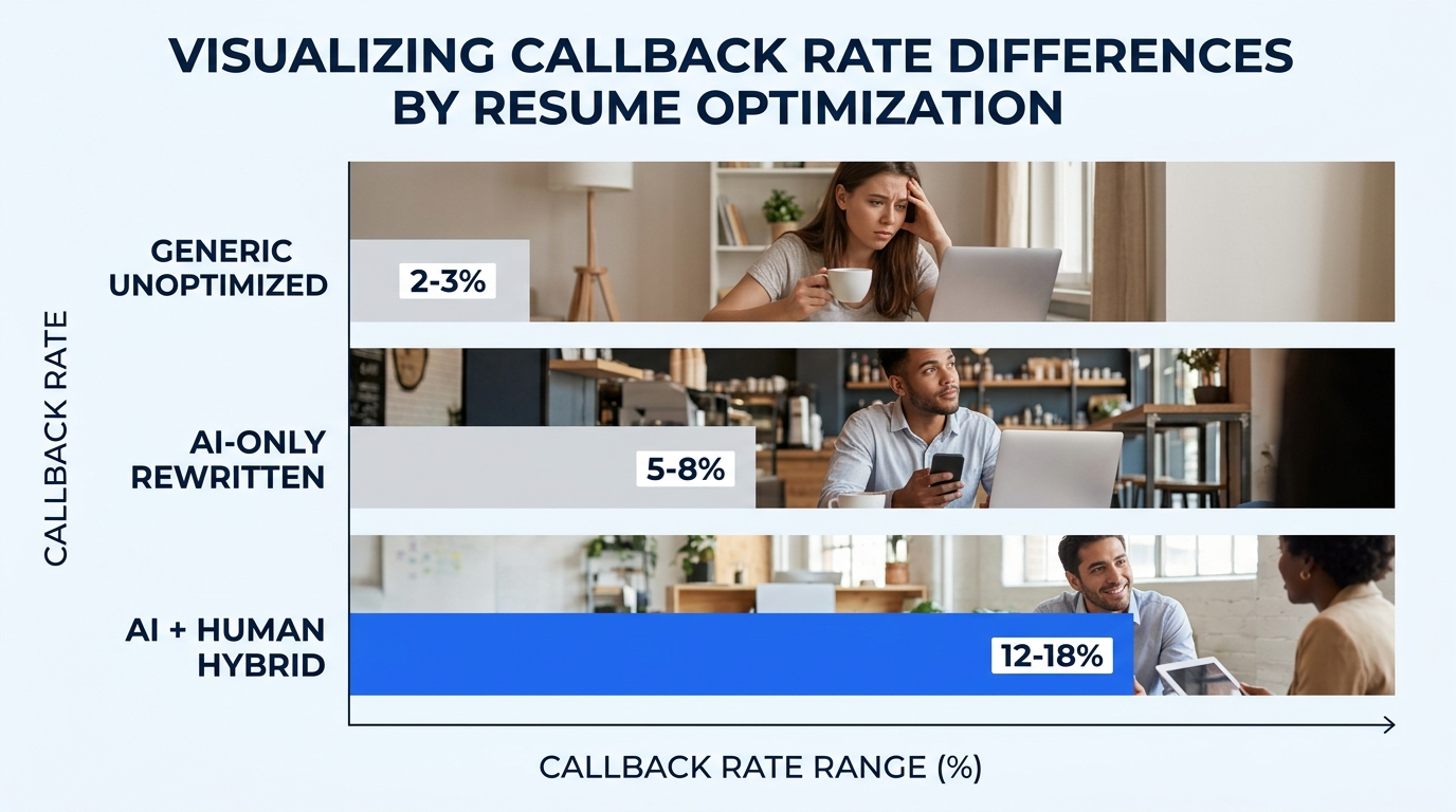 Horizontal bar chart comparing three callback rate ranges: generic unoptimized resumes at 2-3%, AI-only rewritten resumes at 5-8%, and AI-plus-human hybrid resumes at 12-18%, with each bar in a differ