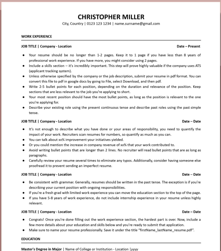 single column resume template