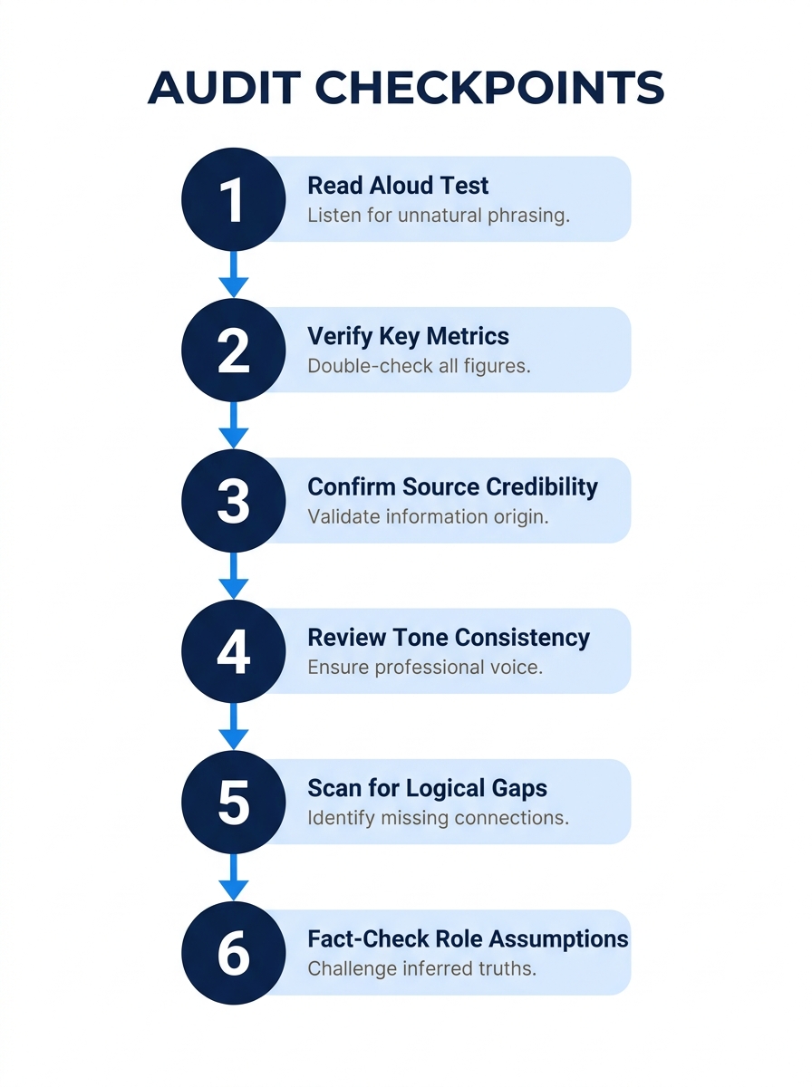 infographic showing 6 numbered audit checkpoints in a vertical flowchart, starting from "Read Aloud Test" at the top and ending with "Fact-Check Role Assumptions" at the bottom, with brief one-line de