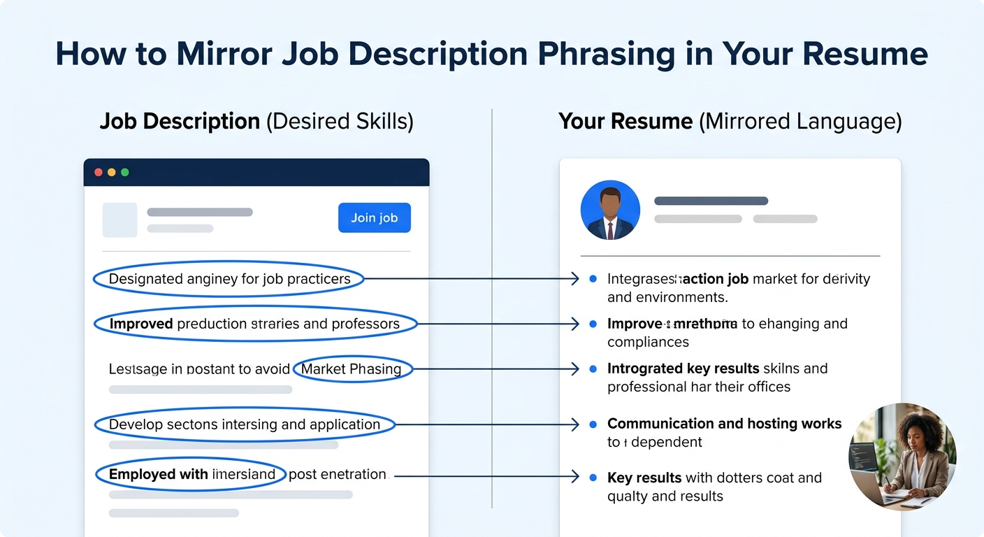 Side-by-side comparison showing a job description excerpt on the left with key phrases circled, and corresponding resume bullet points on the right using mirrored language, with matching keywords conn