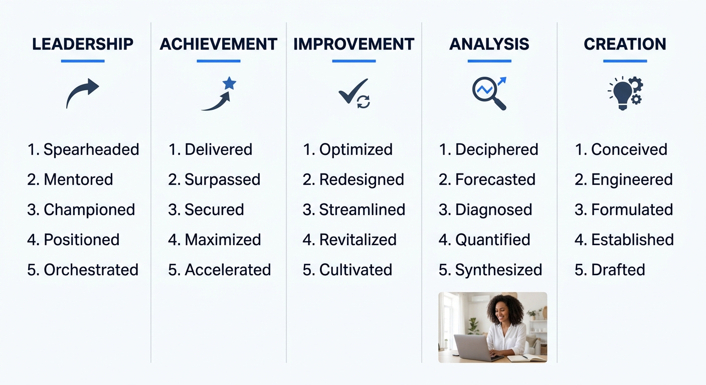 A visual reference card organized as a grid with five skill categories (Leadership, Achievement, Improvement, Analysis, Creation) as column headers, each with five strong action verbs listed below in